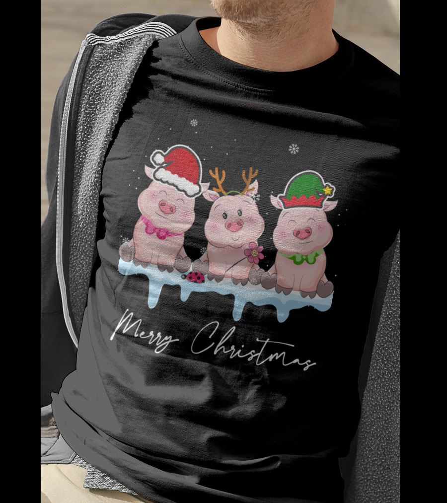 Merry Christmas Cute Pig Santa Hat Xmas Holiday Trio T-Shirt