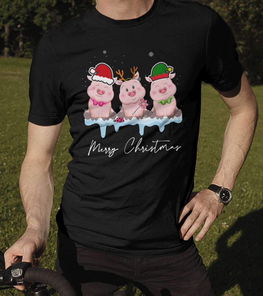 Merry Christmas Cute Pig Santa Hat Xmas Holiday Trio T-Shirt