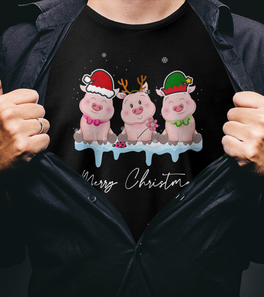 Merry Christmas Cute Pig Santa Hat Xmas Holiday Trio T-Shirt
