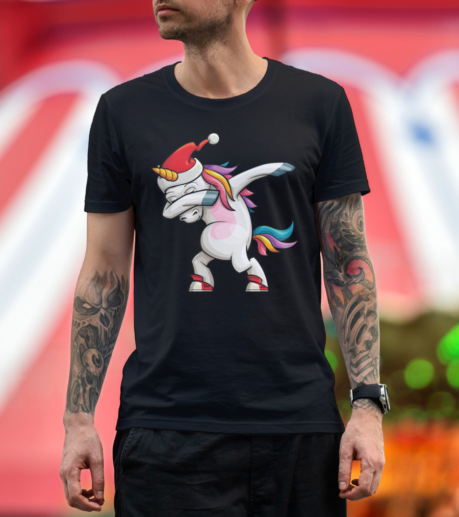 Dabbing Santacorn Xmas Funny Santa Unicorn Rainbow Mane Santa Hat T-Shirt