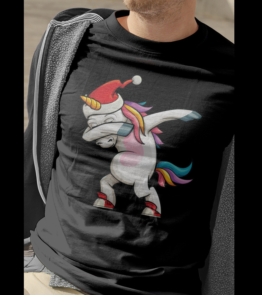 Dabbing Santacorn Xmas Funny Santa Unicorn Rainbow Mane Santa Hat T-Shirt