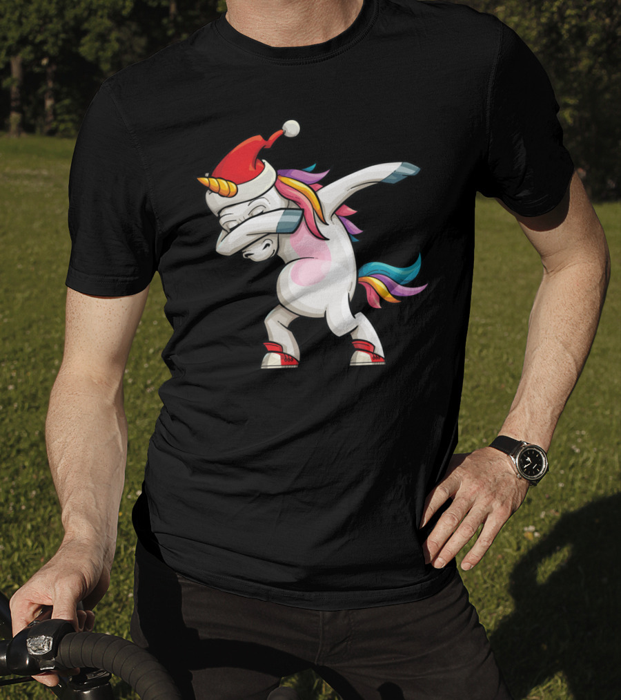 Dabbing Santacorn Xmas Funny Santa Unicorn Rainbow Mane Santa Hat T-Shirt