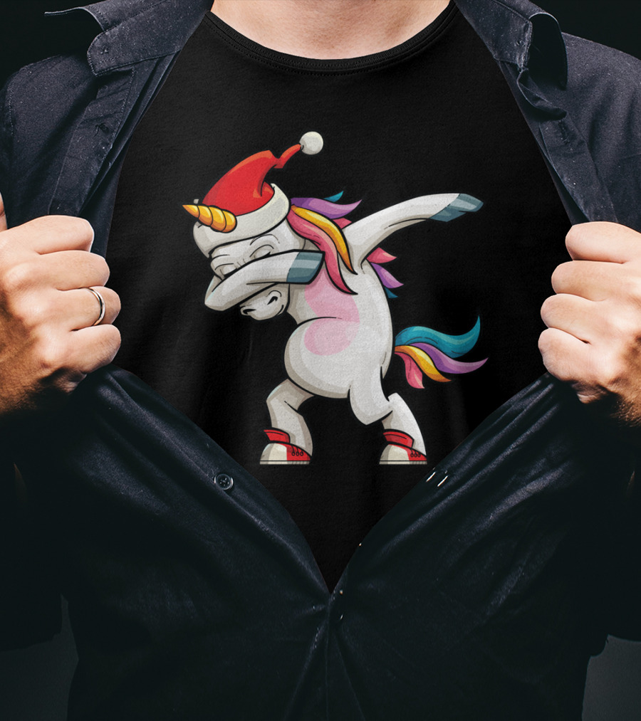 Dabbing Santacorn Xmas Funny Santa Unicorn Rainbow Mane Santa Hat T-Shirt
