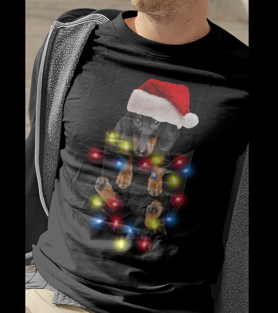 Dachshund Santa Hat Christmas Lights In Pocket Festive Holiday Puppy T-Shirt