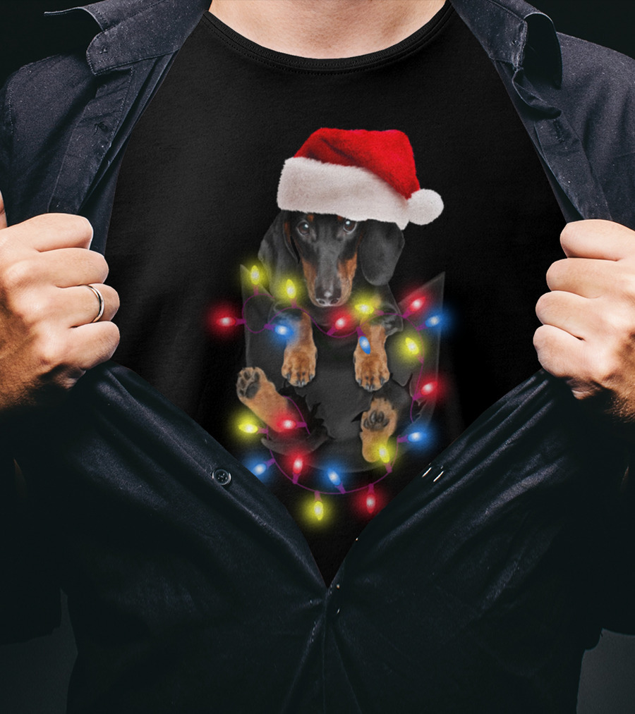 Dachshund Santa Hat Christmas Lights In Pocket Festive Holiday Puppy T-Shirt