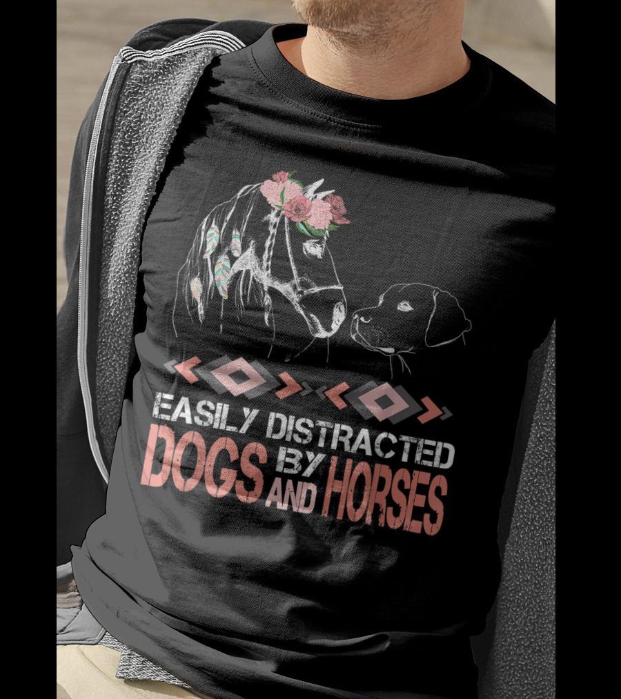 Easily Distracted By Dogs And Horses Horse With Flowers And Feathers T-Shirt