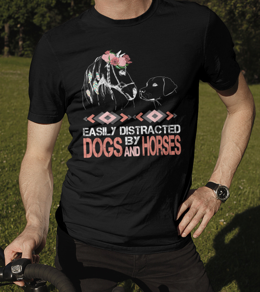 Easily Distracted By Dogs And Horses Horse With Flowers And Feathers T-Shirt