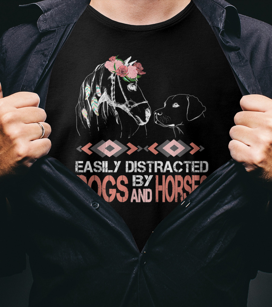Easily Distracted By Dogs And Horses Horse With Flowers And Feathers T-Shirt