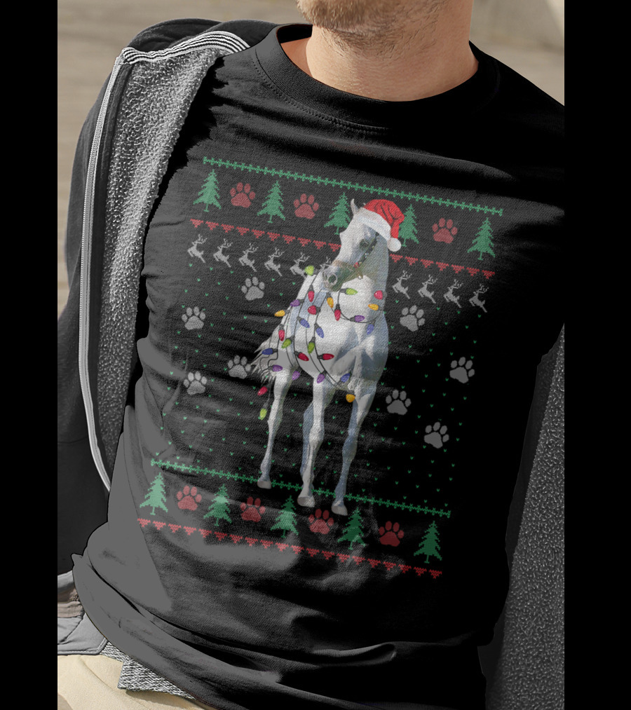 Funny Arabian Horse Santa Christmas Lights Holiday Ugly T-Shirt