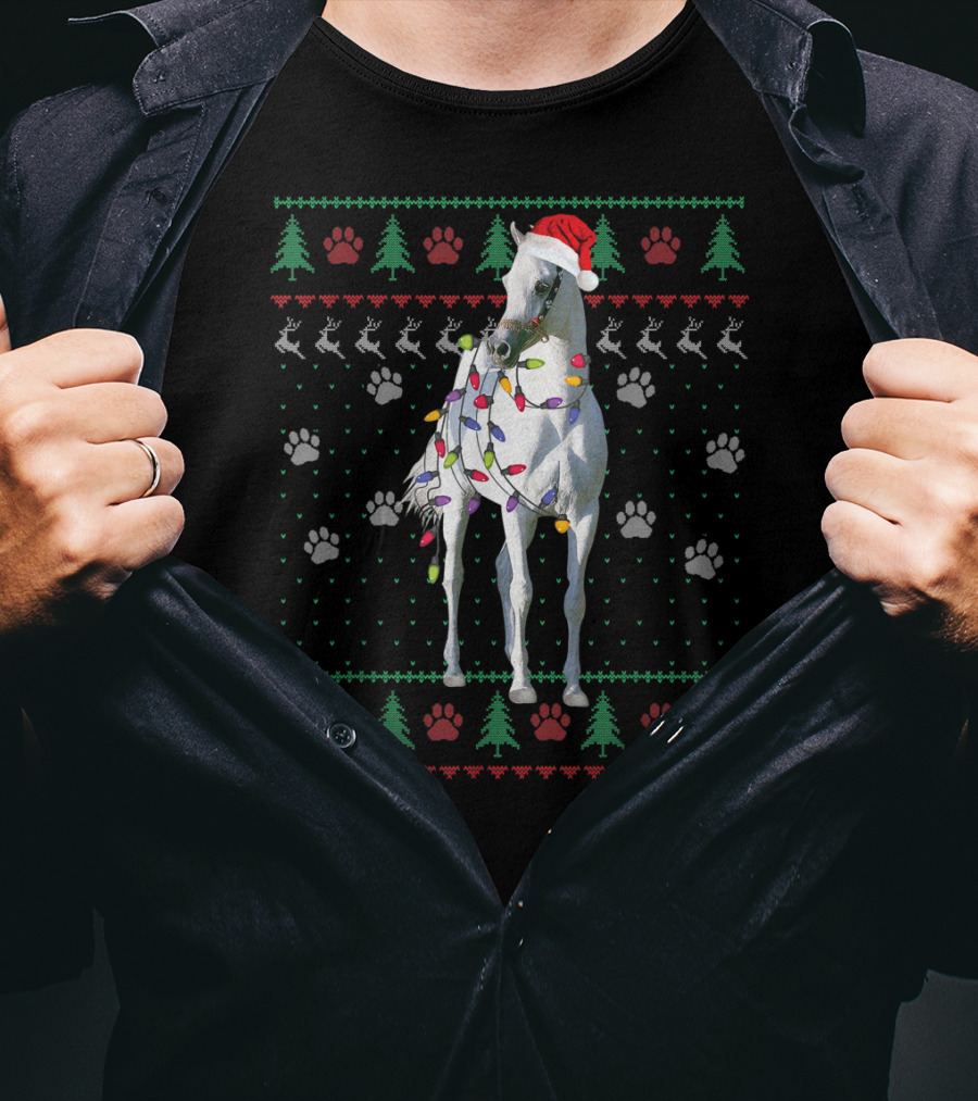 Funny Arabian Horse Santa Christmas Lights Holiday Ugly T-Shirt