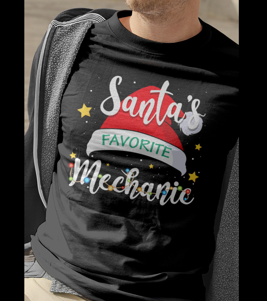 Santa's Favorite Mechanic Christmas Costume With Santa Hat And Holiday Lights T-Shirt