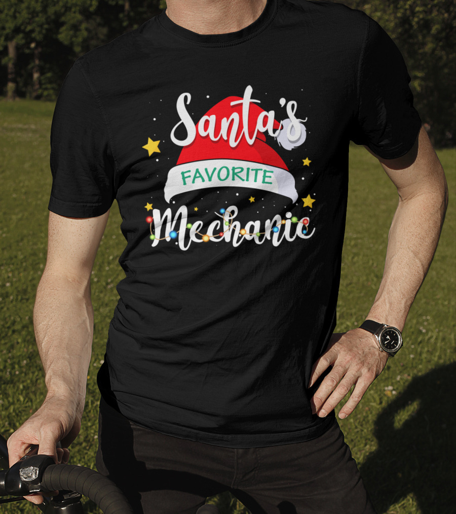 Santa's Favorite Mechanic Christmas Costume With Santa Hat And Holiday Lights T-Shirt