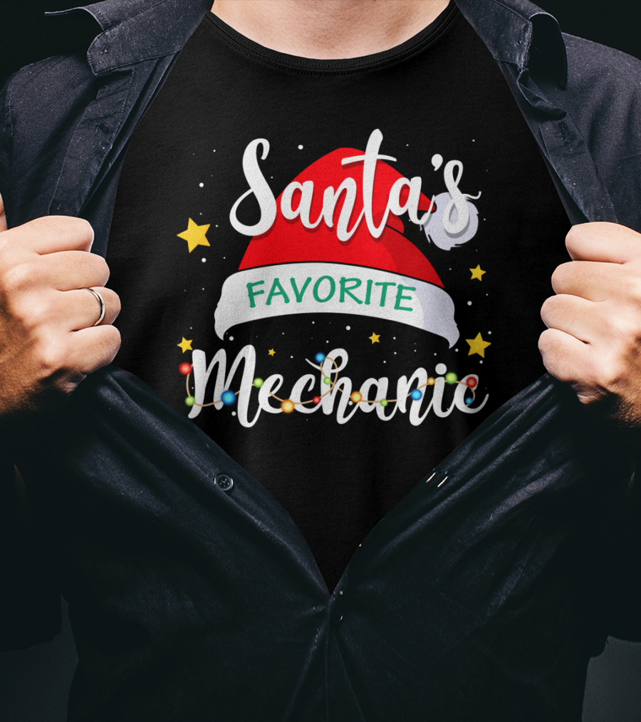 Santa's Favorite Mechanic Christmas Costume With Santa Hat And Holiday Lights T-Shirt