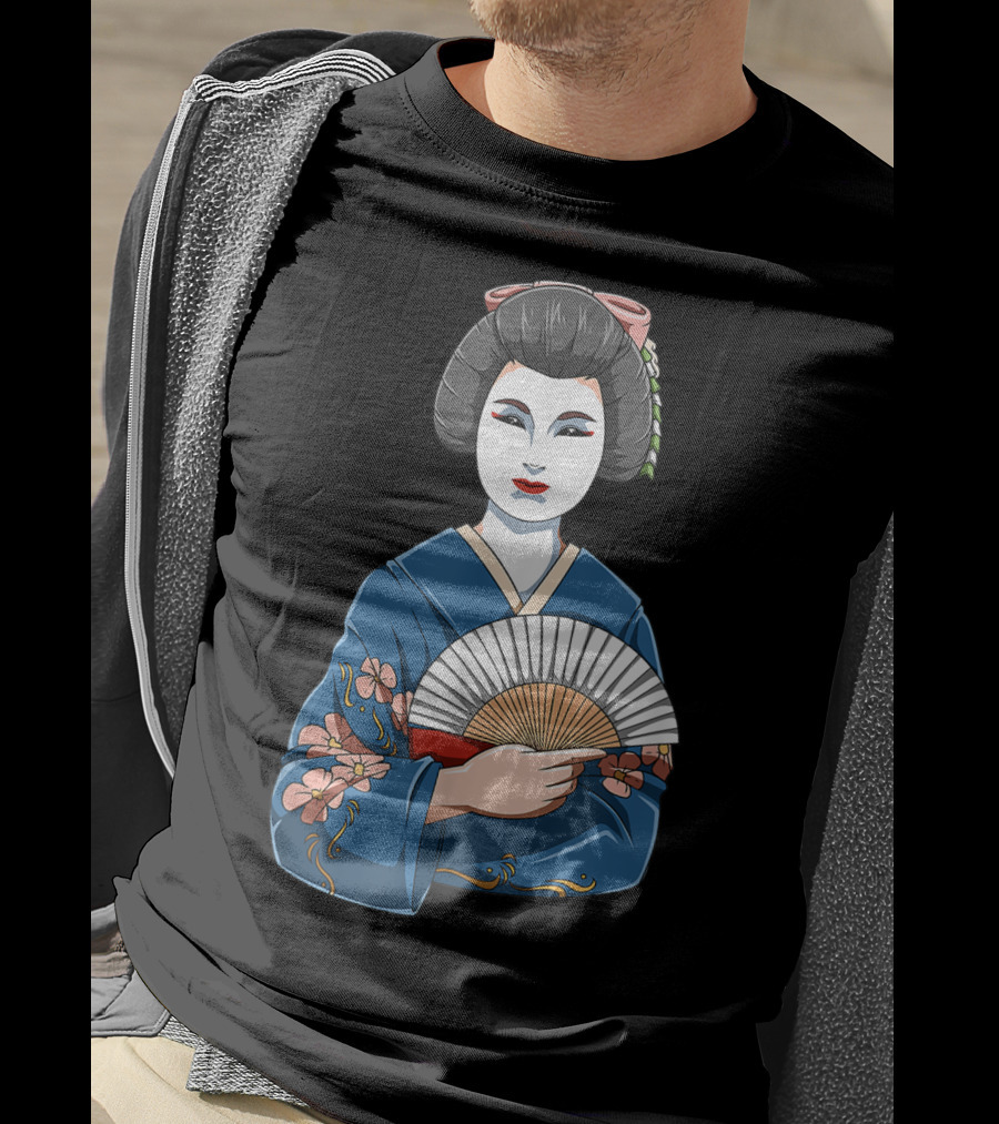 Geisha Girl Traditional Japanese Kimono Fan Blossoms T-Shirt