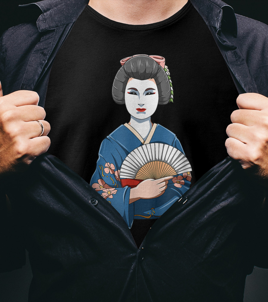 Geisha Girl Traditional Japanese Kimono Fan Blossoms T-Shirt
