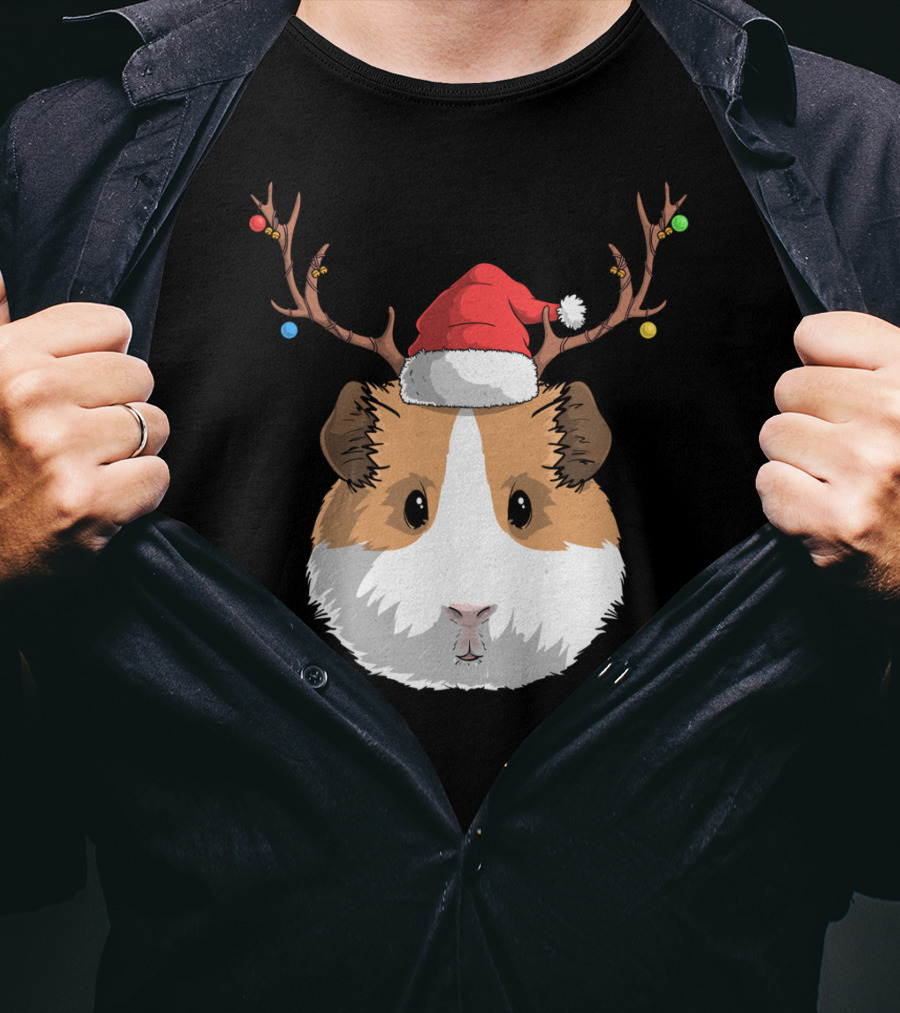 Santa Claus Hat Guinea Pig Reindeer Christmas Holiday T-Shirt