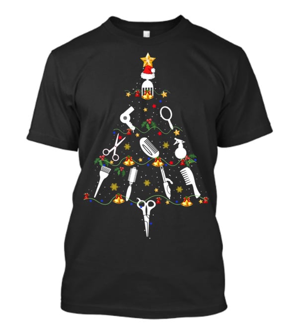 Hairdresser Lover Funny Christmas Tree Scissors Comb Hairdryer Ornaments T-Shirt