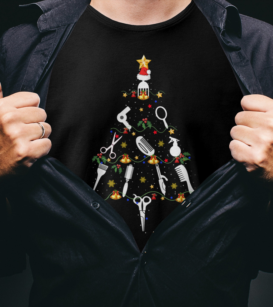 Hairdresser Lover Funny Christmas Tree Scissors Comb Hairdryer Ornaments T-Shirt