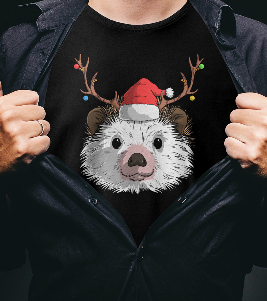 Hedgehog Santa Claus Hat Antlers Christmas Holiday T-Shirt