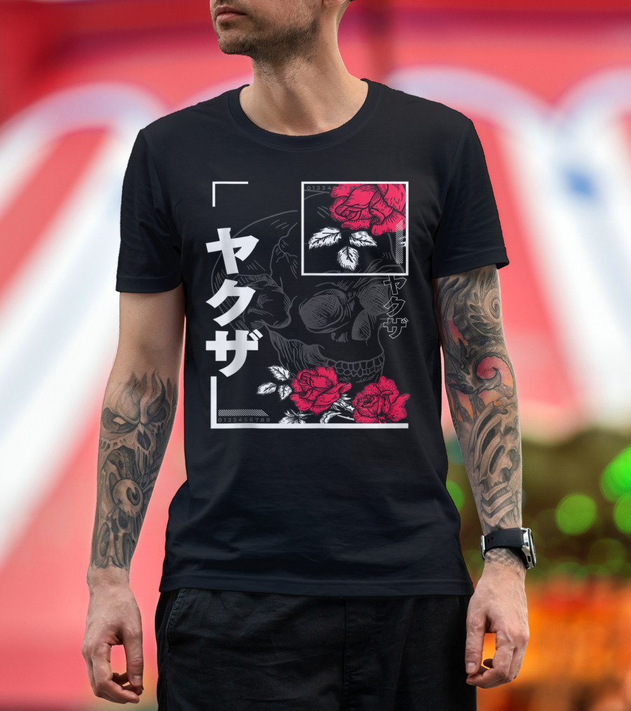 Urban Yakuza Skull And Red Roses T-Shirt