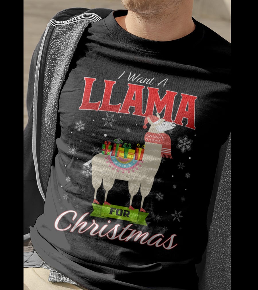 I Want A Llama For Christmas Santa Hat Snowflakes T-Shirt