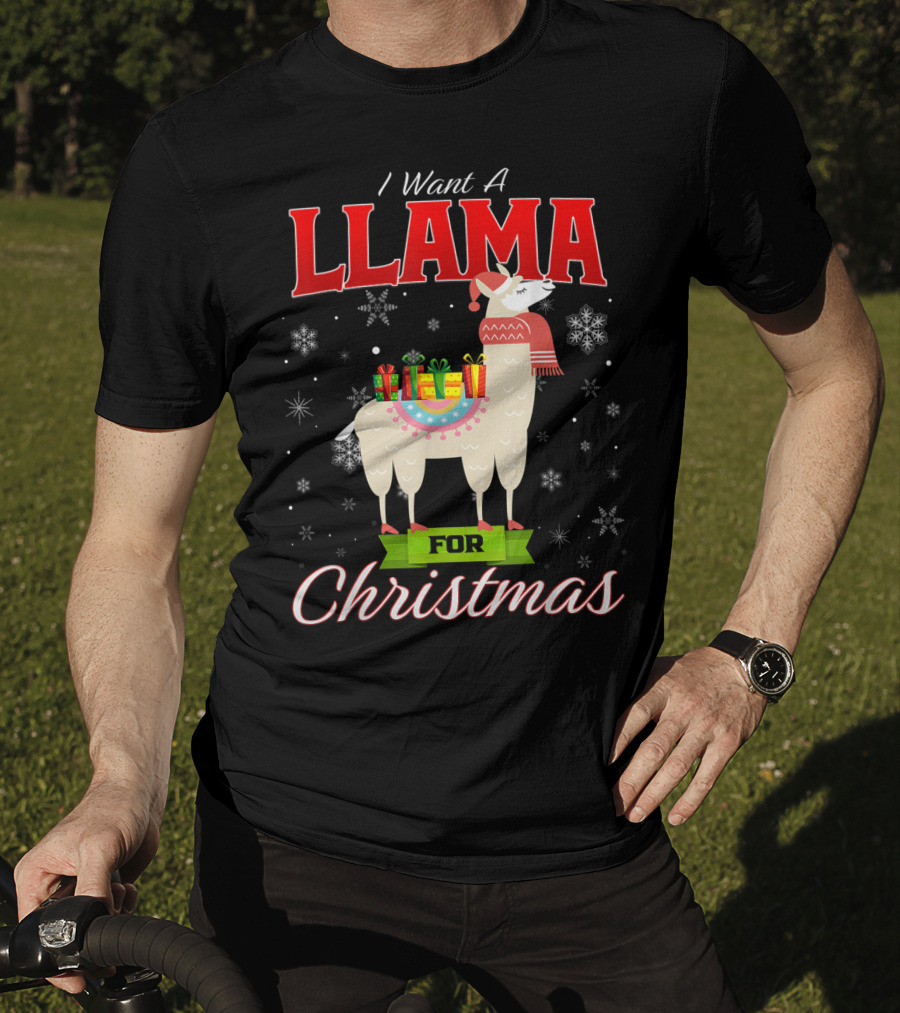 I Want A Llama For Christmas Santa Hat Snowflakes T-Shirt