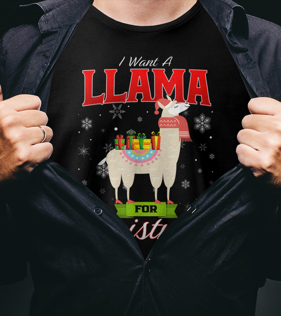 I Want A Llama For Christmas Santa Hat Snowflakes T-Shirt