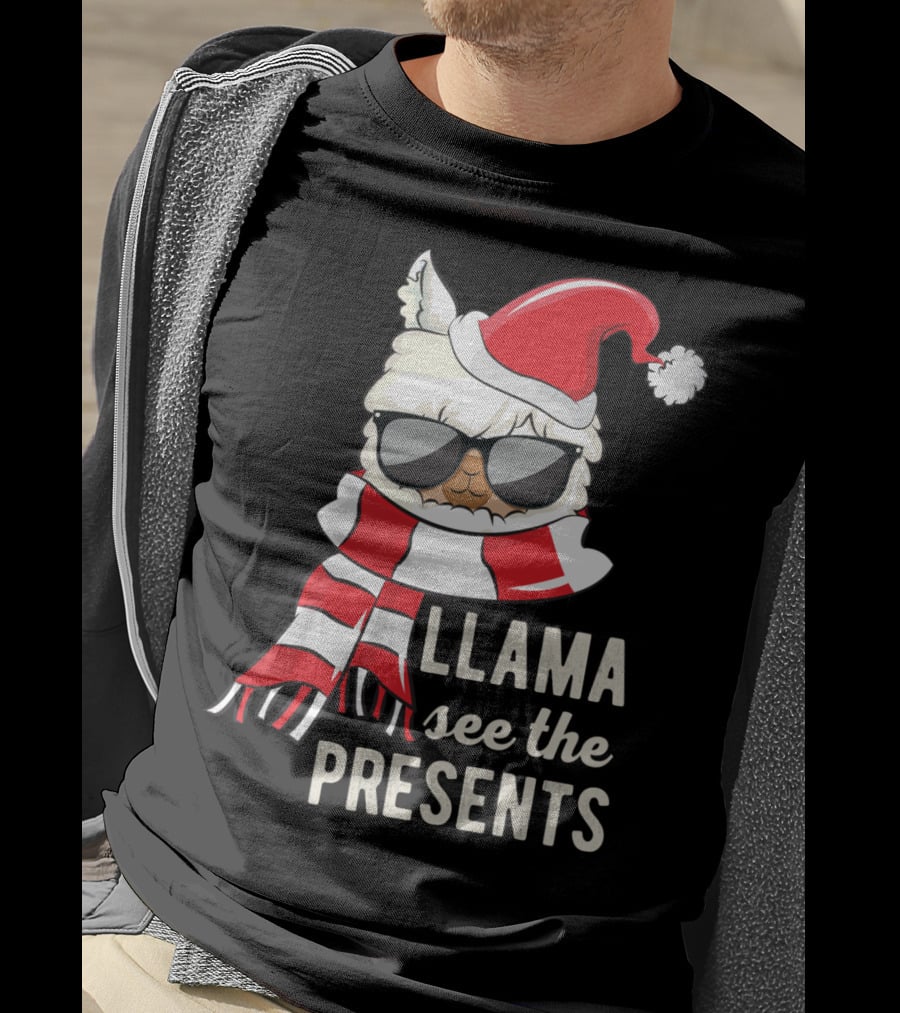 Llama See The Presents Funny Hat Xmas Alpaca Christmas Santa Scarf Sunglasses T-Shirt