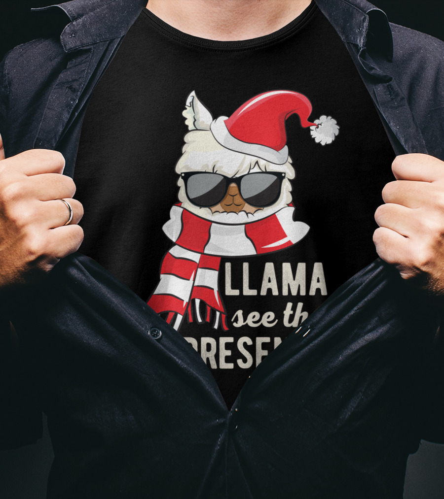 Llama See The Presents Funny Hat Xmas Alpaca Christmas Santa Scarf Sunglasses T-Shirt