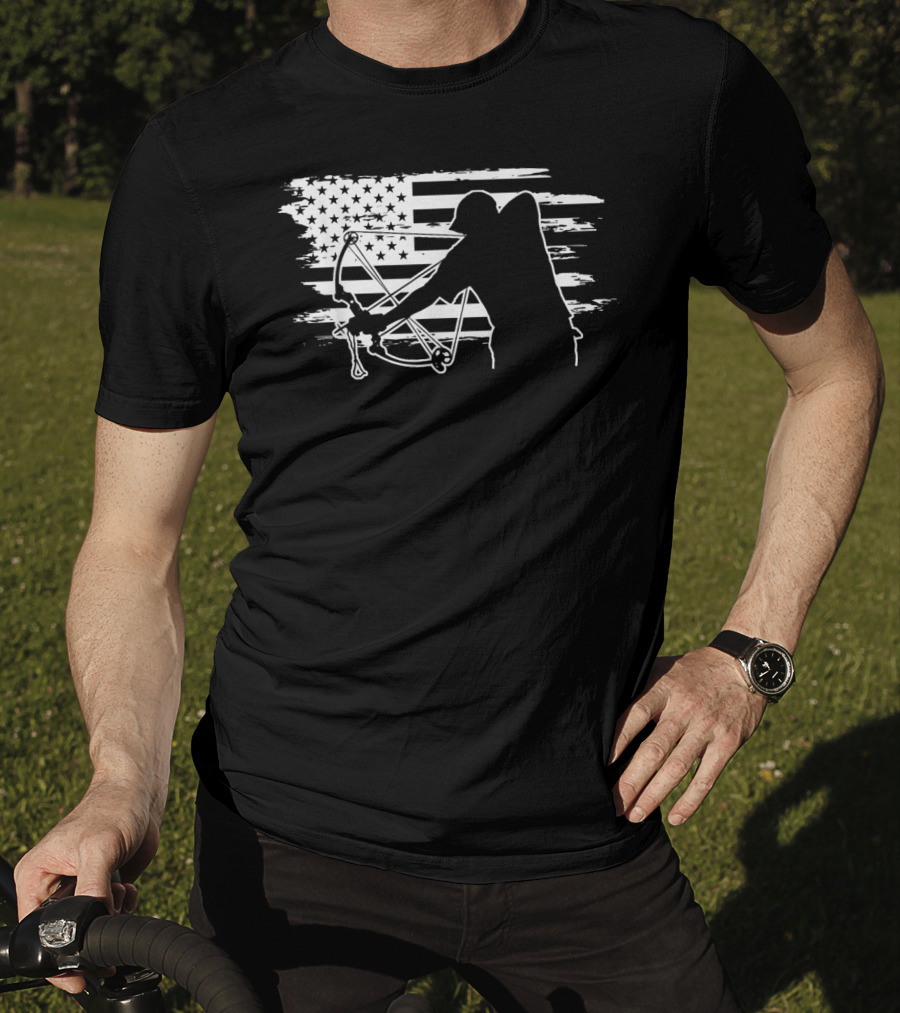 Dad Bowfishing Archer Silhouette With American Flag Background T-Shirt