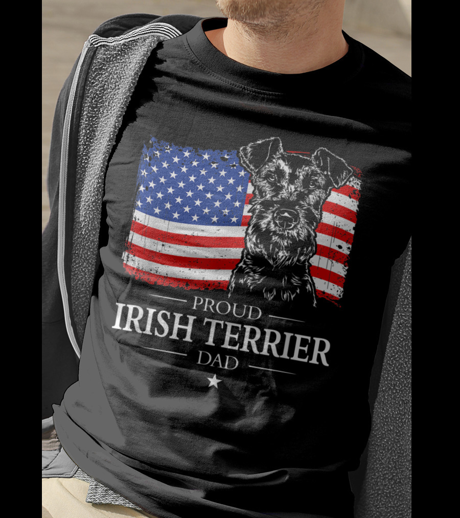 Proud Irish Terrier Dad With American Flag Background T-Shirt
