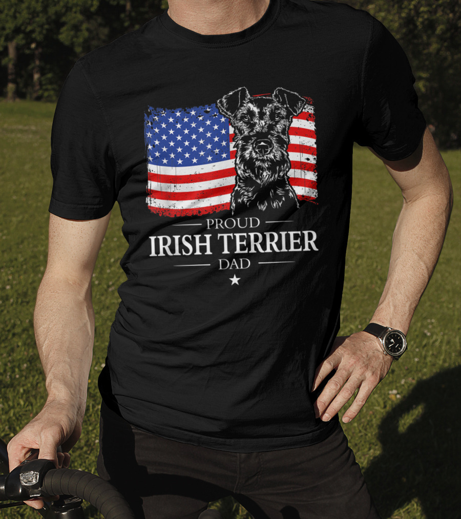 Proud Irish Terrier Dad With American Flag Background T-Shirt