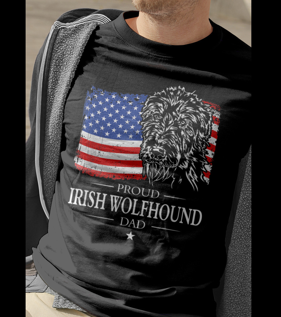Proud Irish Wolfhound Dad American Flag T-Shirt
