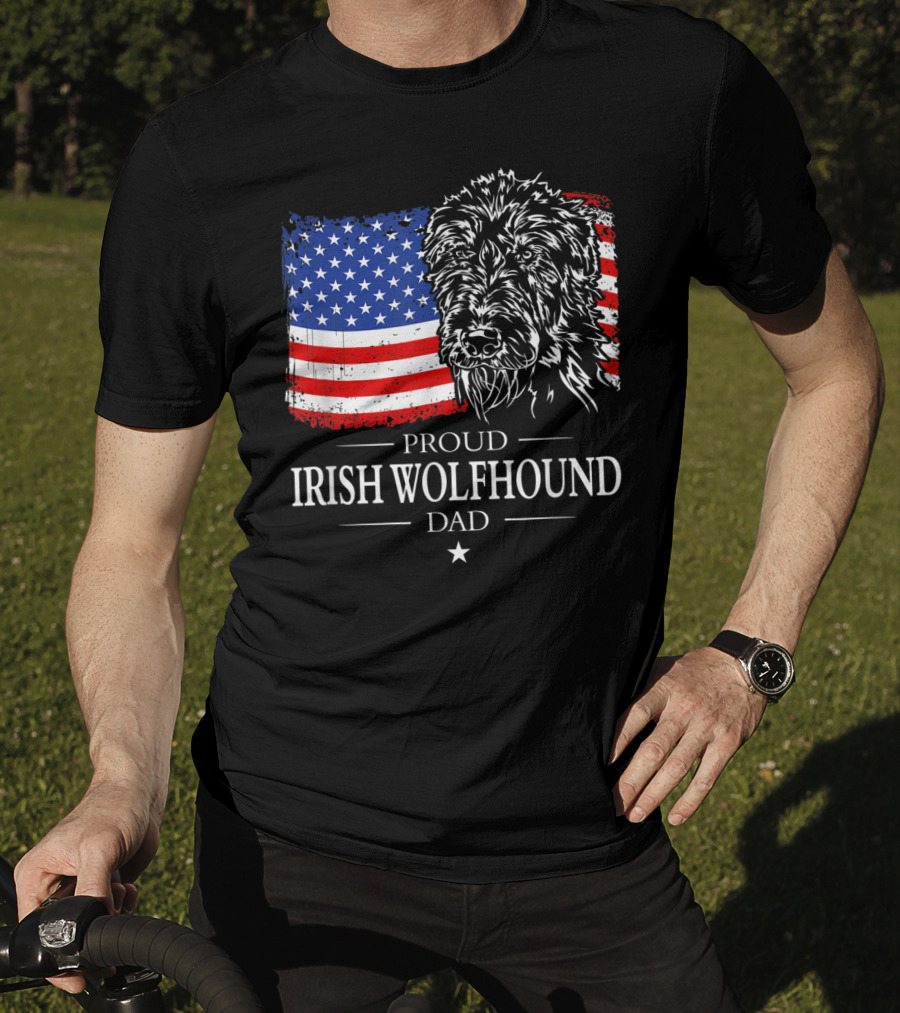 Proud Irish Wolfhound Dad American Flag T-Shirt