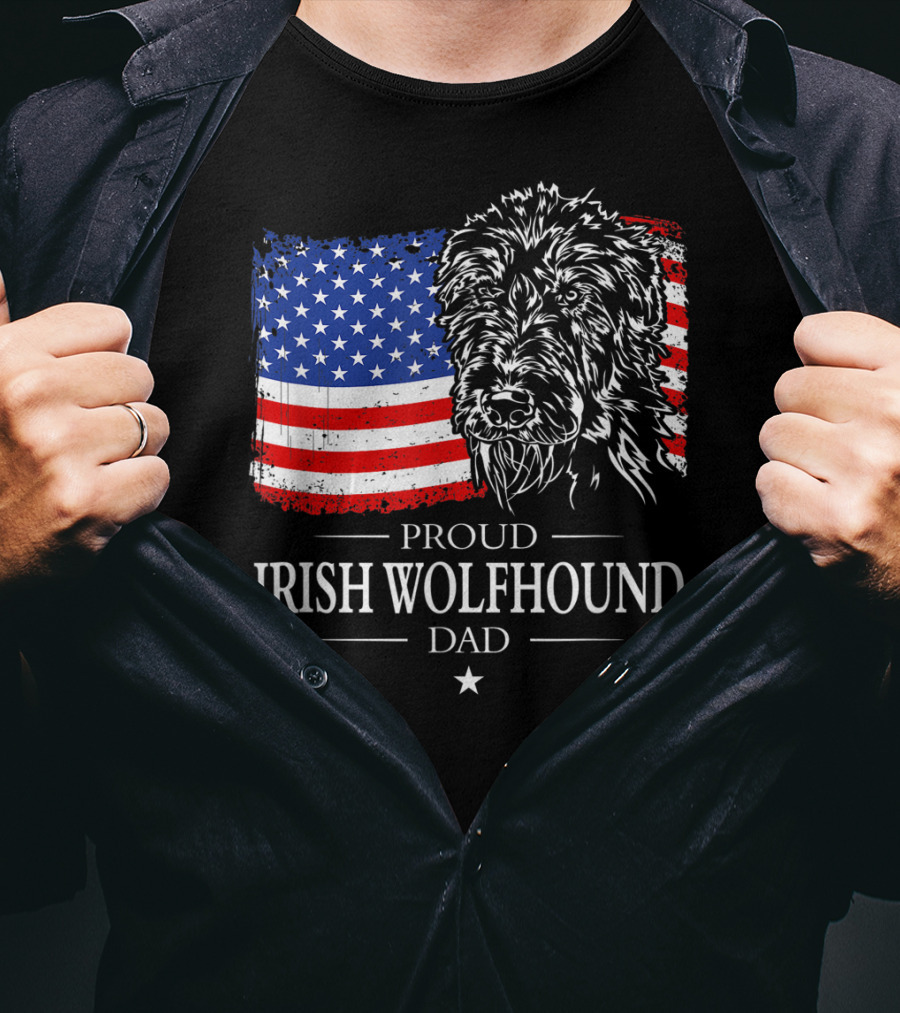 Proud Irish Wolfhound Dad American Flag T-Shirt
