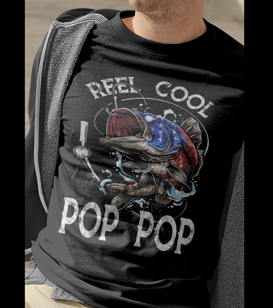Reel Cool Pop Pop American Flag Bass Fish T-Shirt