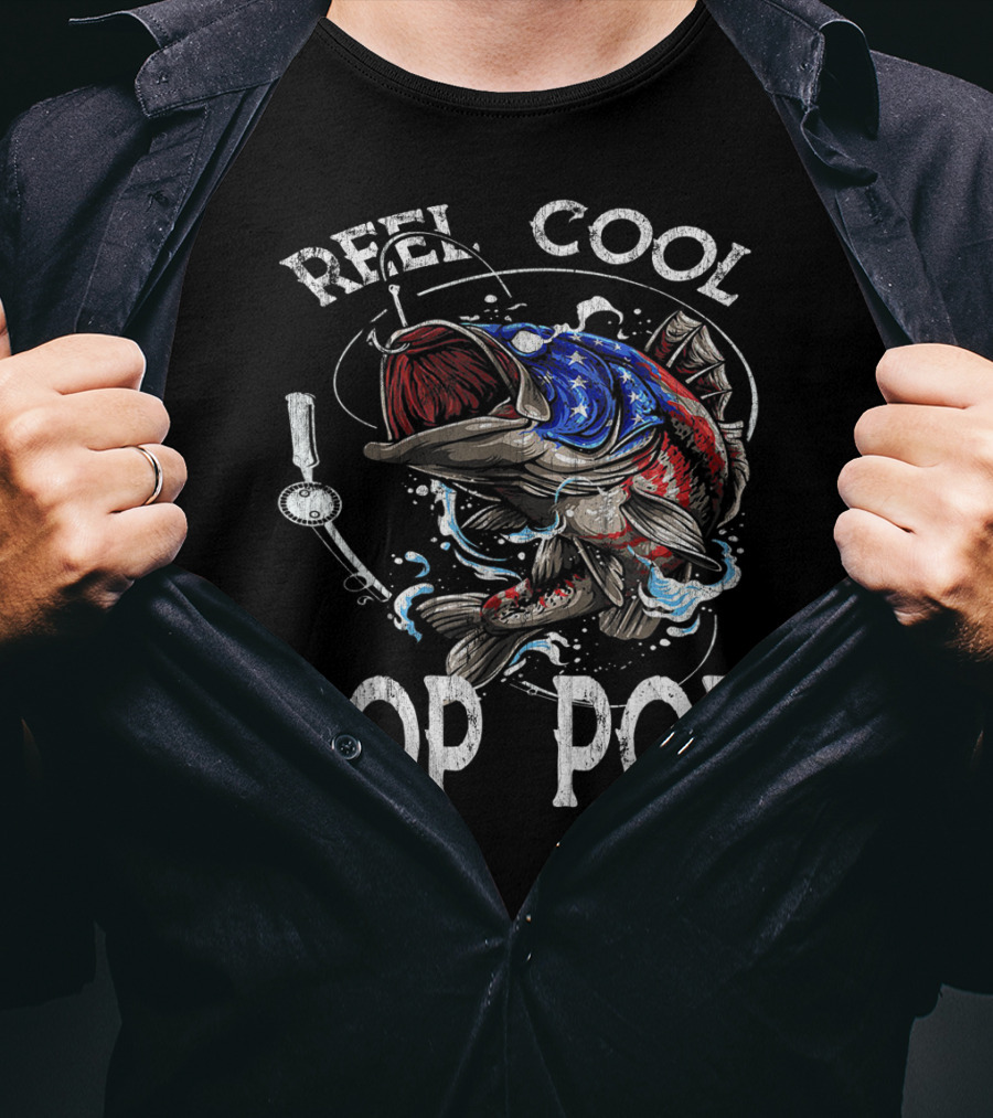 Reel Cool Pop Pop American Flag Bass Fish T-Shirt