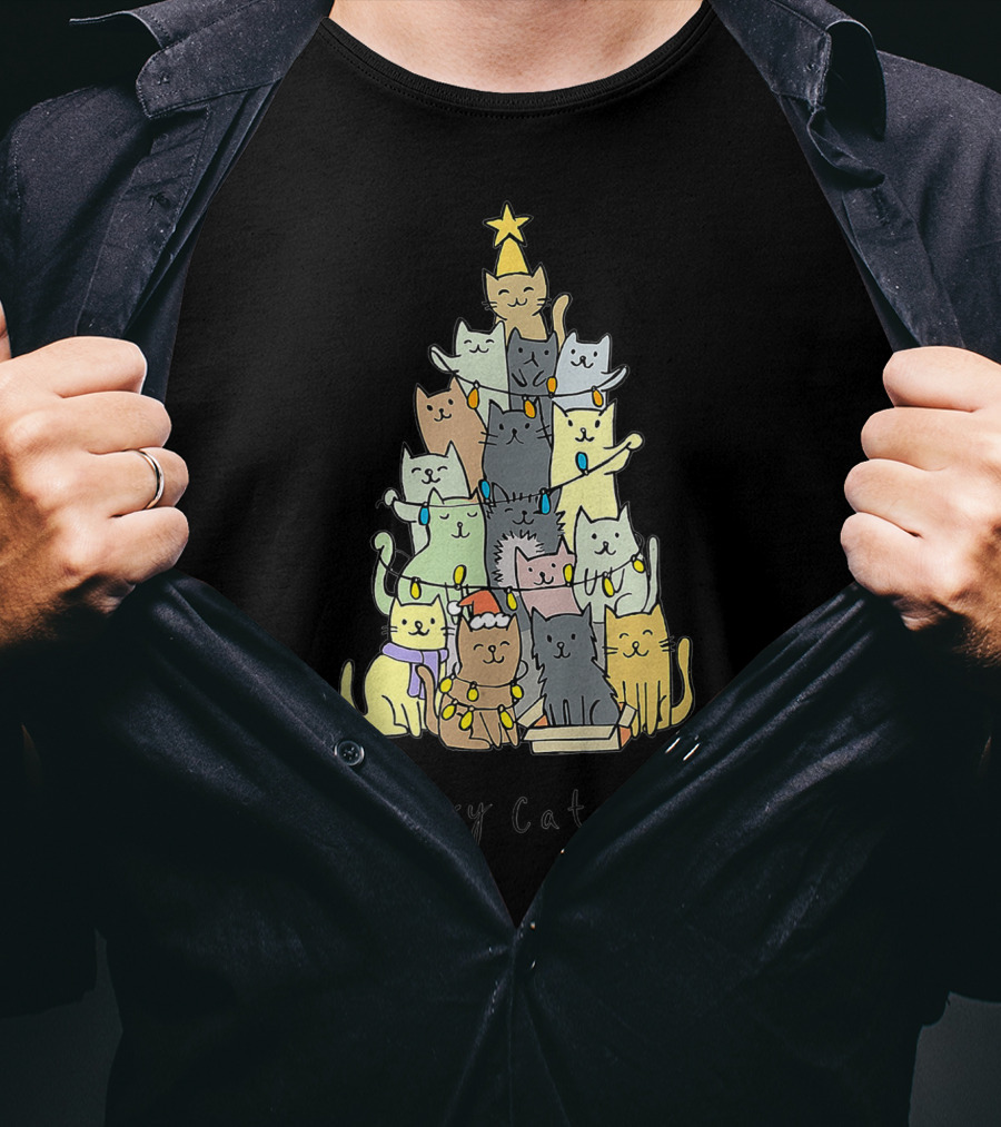 Merry Catmas Funny Cats Christmas Tree With Star And Decorations T-Shirt