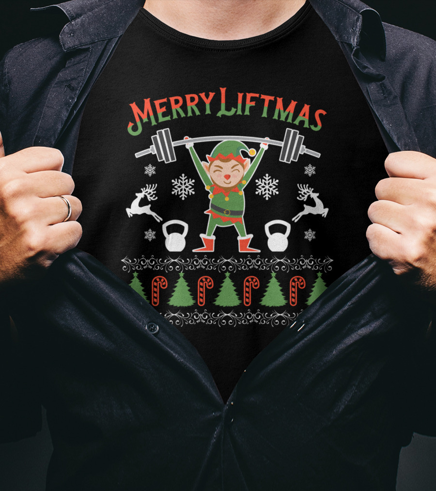 Merry Liftmas Elf Workout With Weights And Christmas Symbols T-Shirt