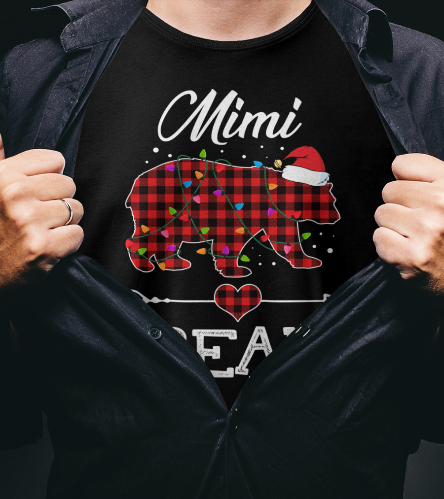 Mimi Bear Christmas Red Plaid Buffalo Santa Hat Lights T-Shirt