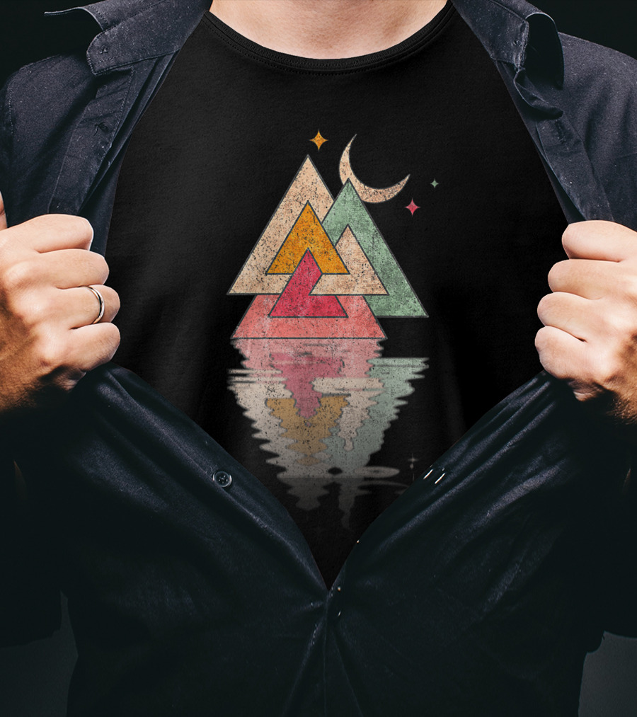 Minimal Mountains Valknut Geometry Moon Reflection T-Shirt