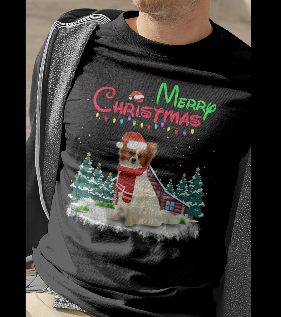 Papillon Dog With Santa Hat And Christmas Lights In Snowy Holiday Scene T-Shirt