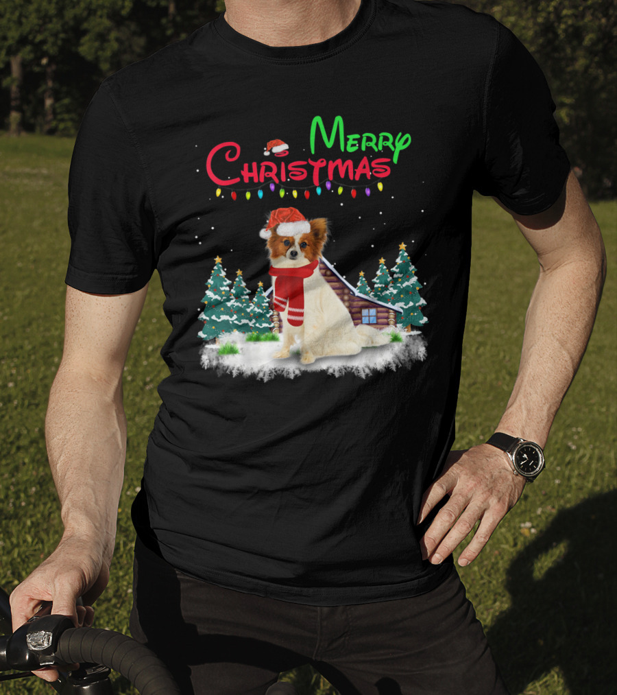 Papillon Dog With Santa Hat And Christmas Lights In Snowy Holiday Scene T-Shirt