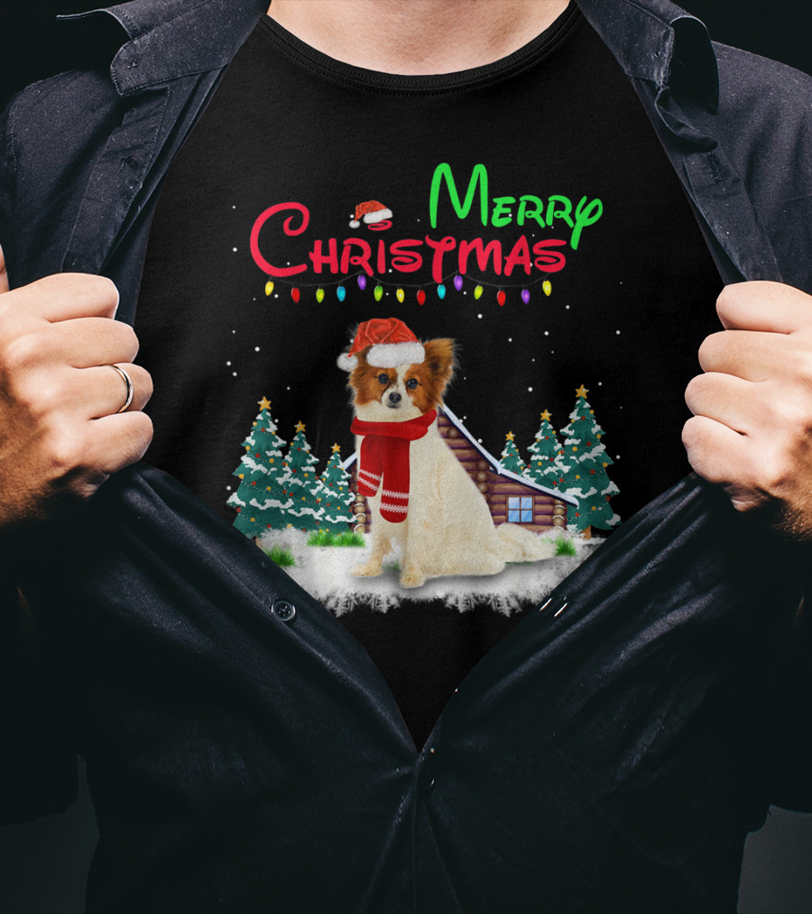 Papillon Dog With Santa Hat And Christmas Lights In Snowy Holiday Scene T-Shirt