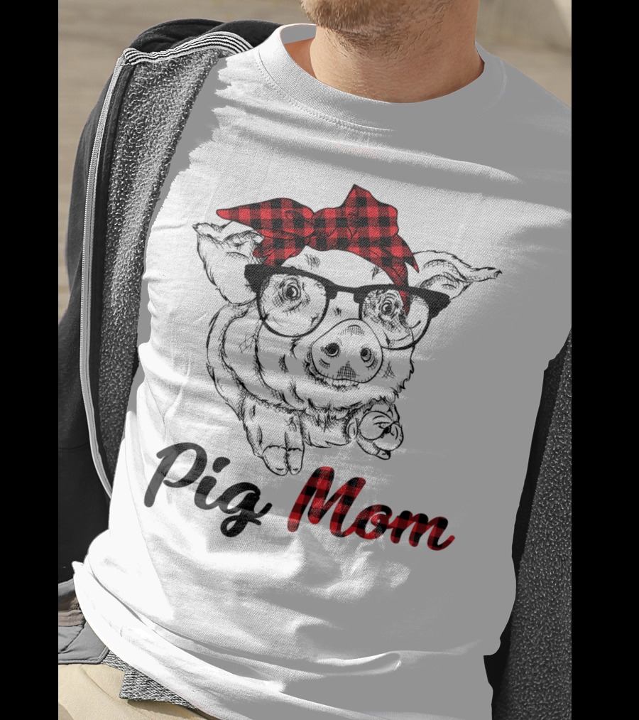 Pig Mom Piggy Outfit Mother Plaid Bow Glasses T-Shirt