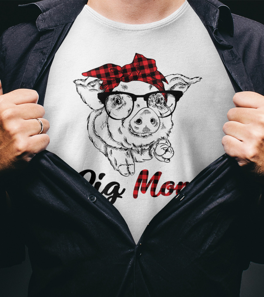 Pig Mom Piggy Outfit Mother Plaid Bow Glasses T-Shirt