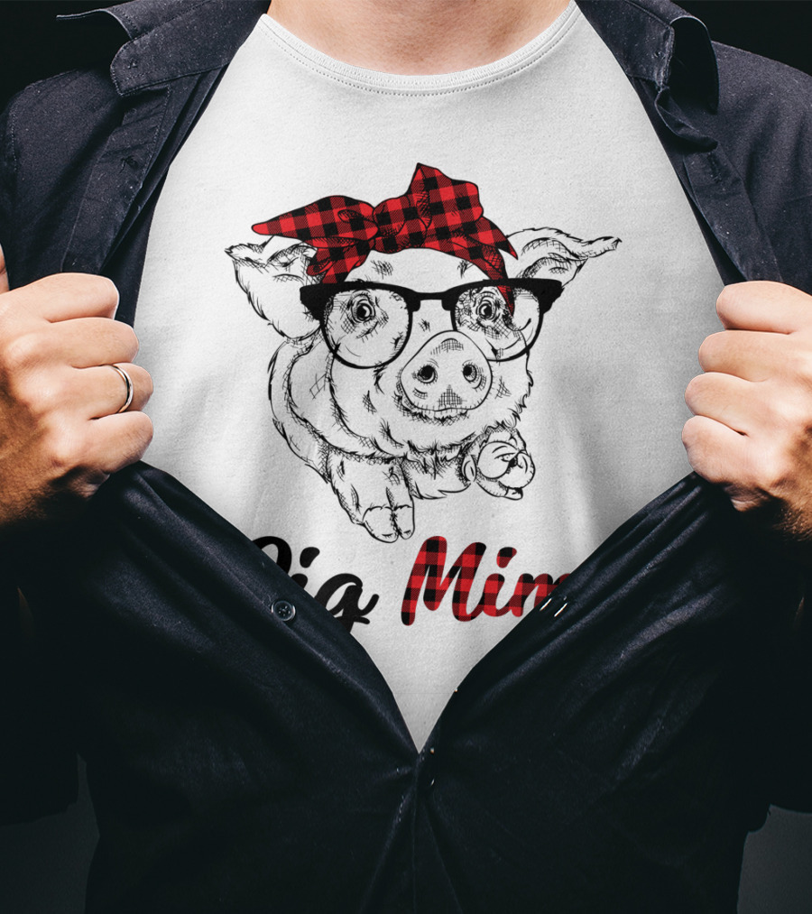 Pig Mimi Glasses Checkered Bow T-Shirt