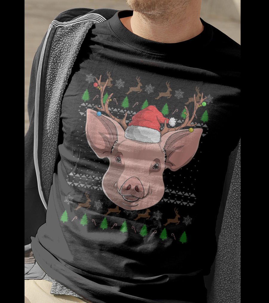 Pig Santa Claus Hat Reindeer Antlers Christmas Ornaments T-Shirt