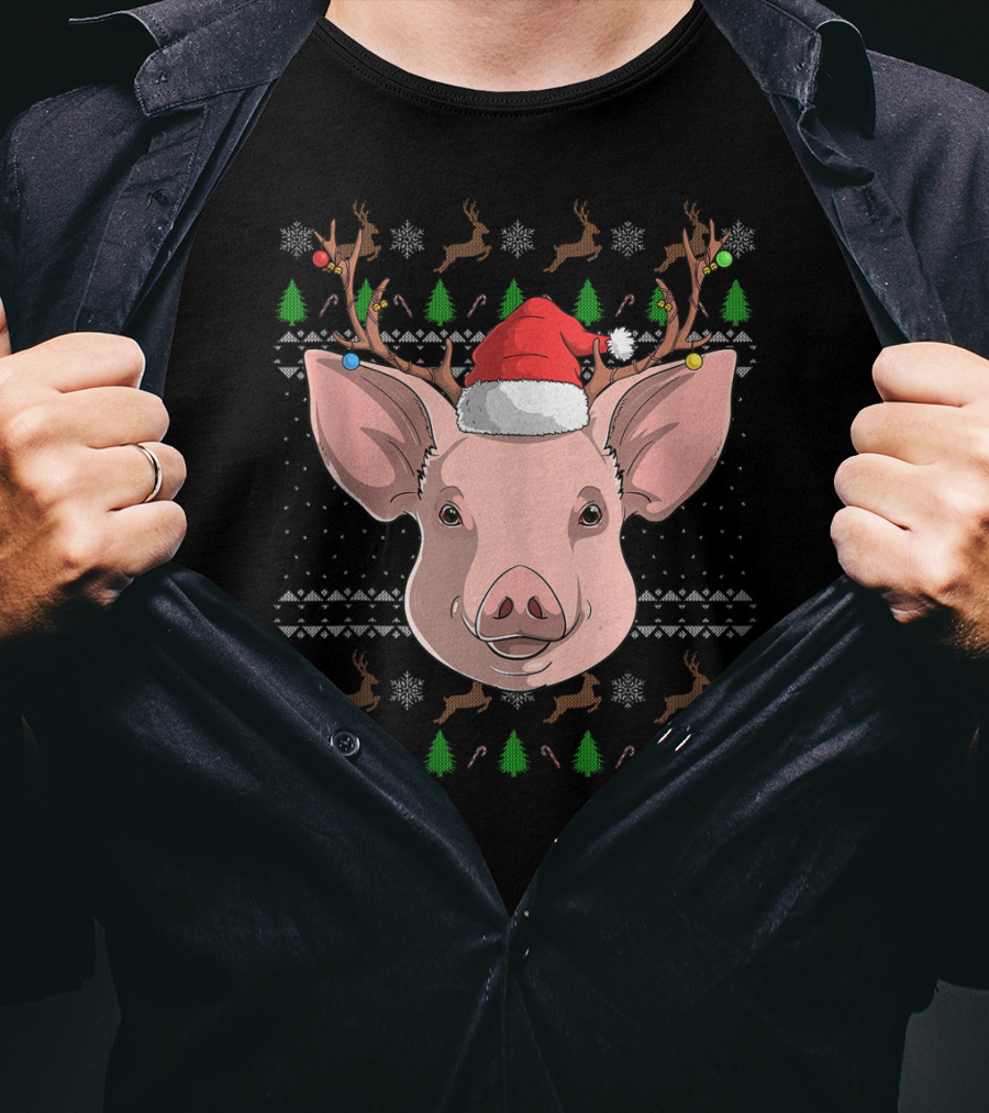 Pig Santa Claus Hat Reindeer Antlers Christmas Ornaments T-Shirt