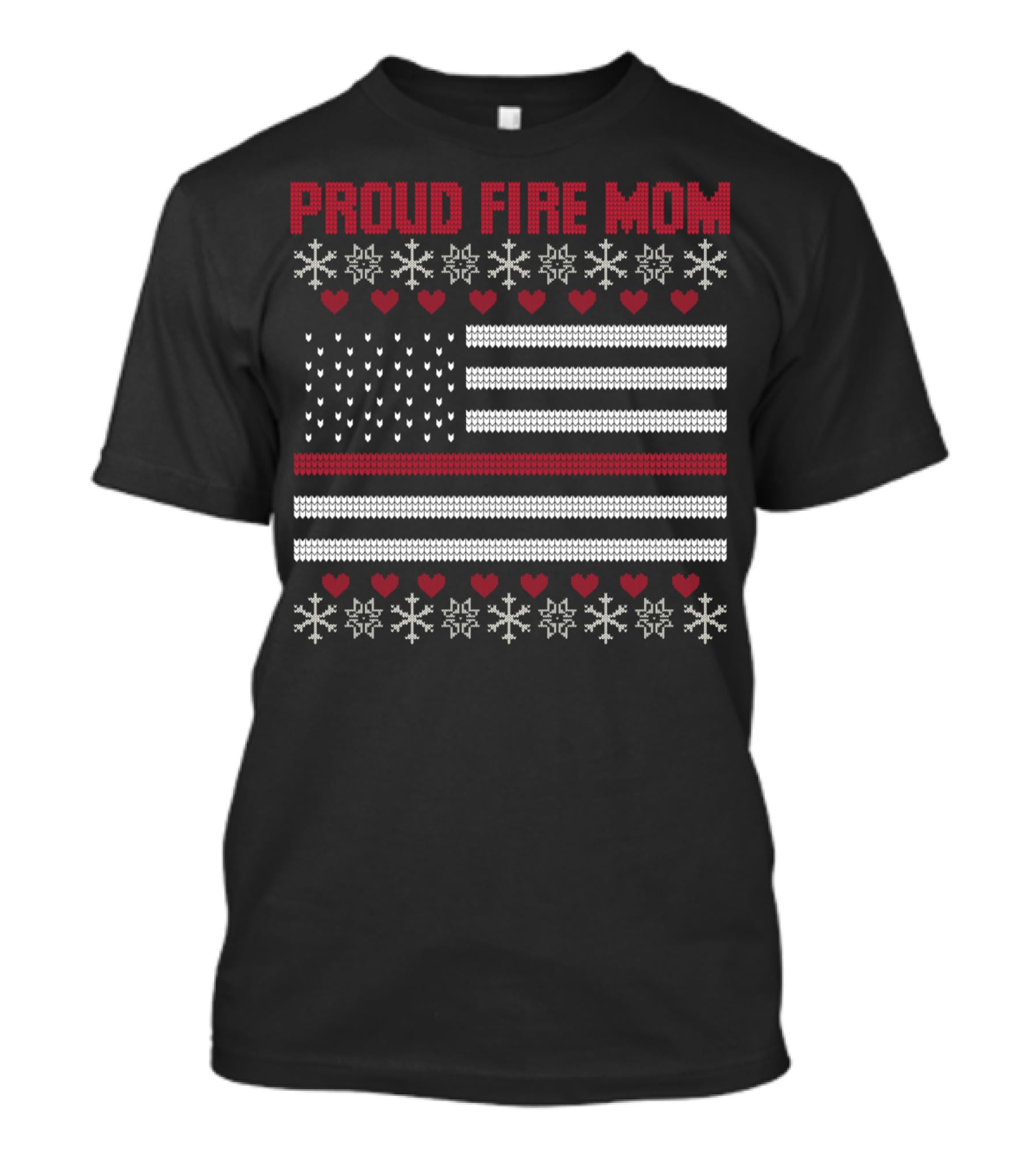 Proud Fire Mom Thin Red Line American Flag Snowflakes Hearts T-Shirt